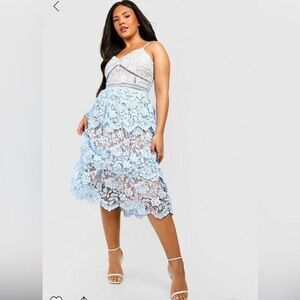 NWT Boohoo Stunning Blue Lace‎ Peplum Dress MIDI Size 12